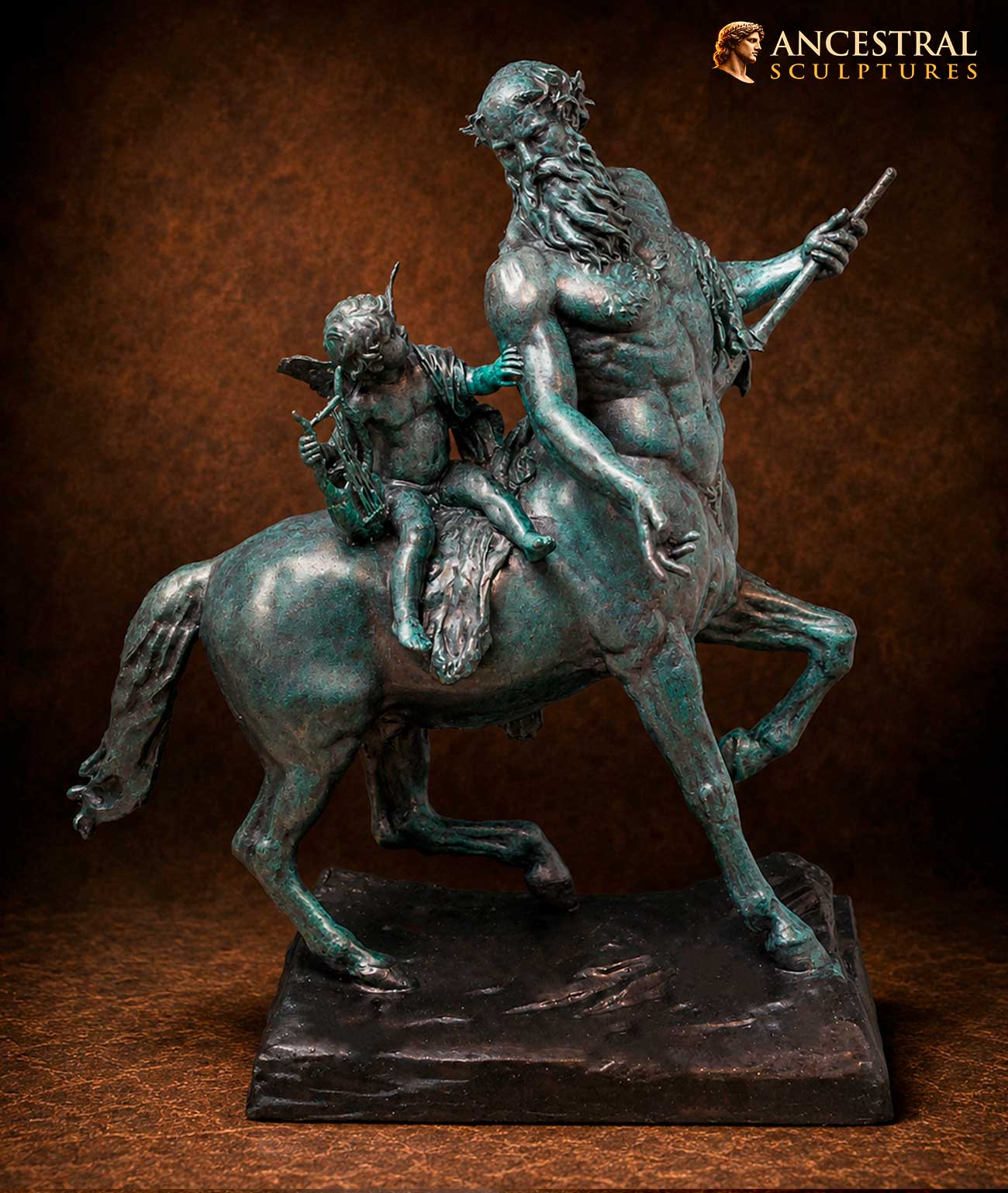Cupid Upon a Centaur Sculpture – Mythological Greek Statue Replica in Verdigris Bronze Finish – Classical Art Decor – Museum Style Resin Sculpture