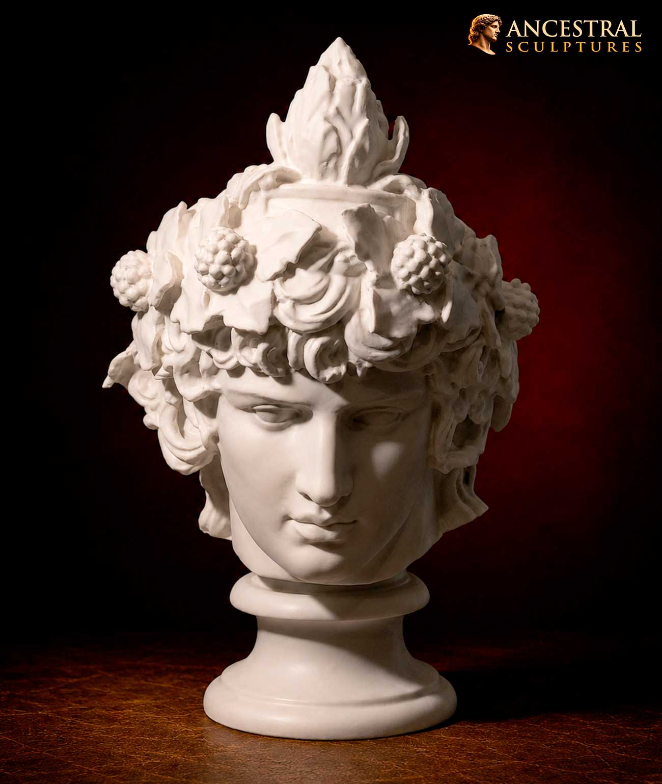 Head of Antinous as Dionysus, Classical Sculpture Replica, Roman God of Wine and Ecstasy