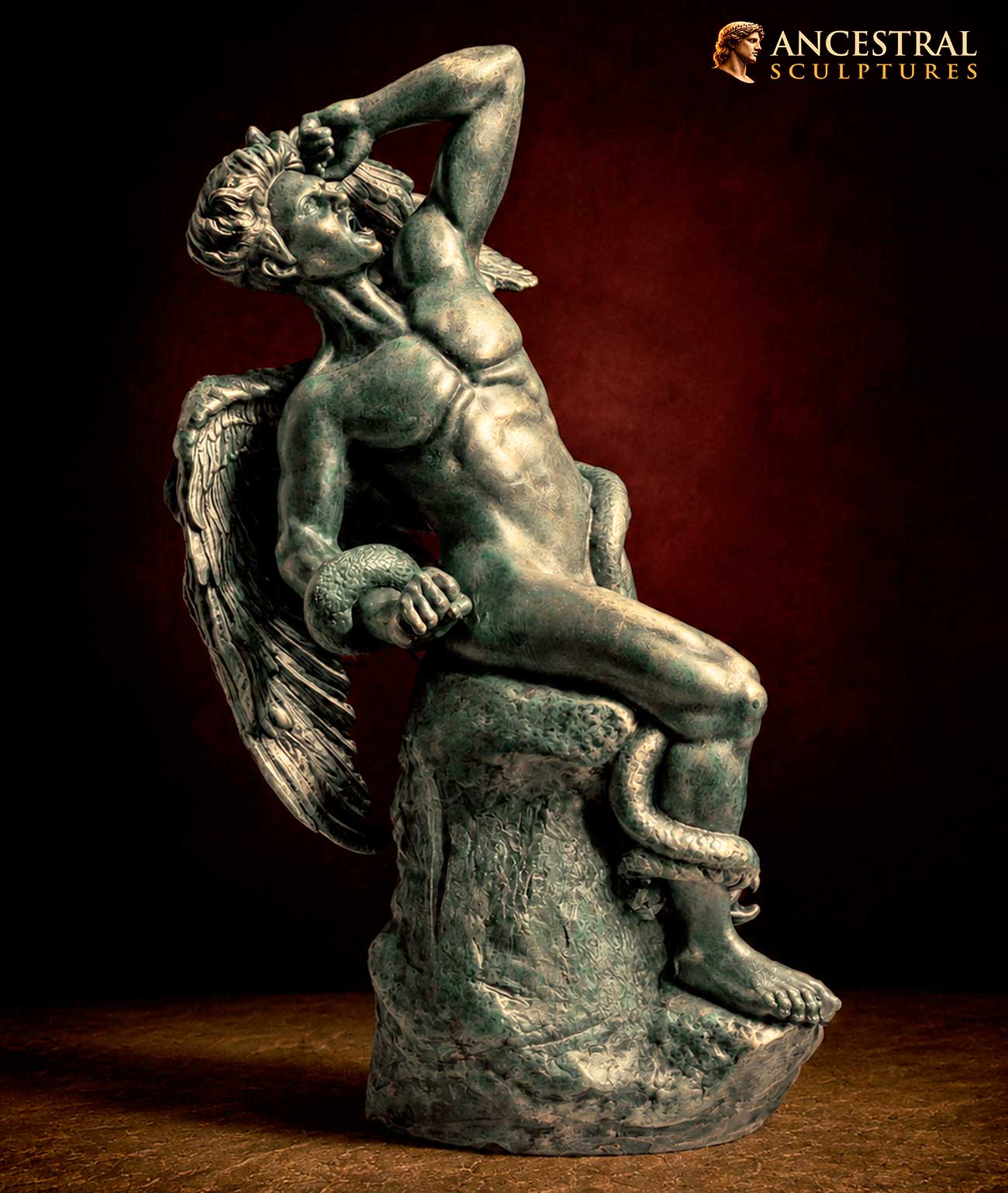 Lucifer of El Retiro in Green Bronze. The fallen angel sculpture