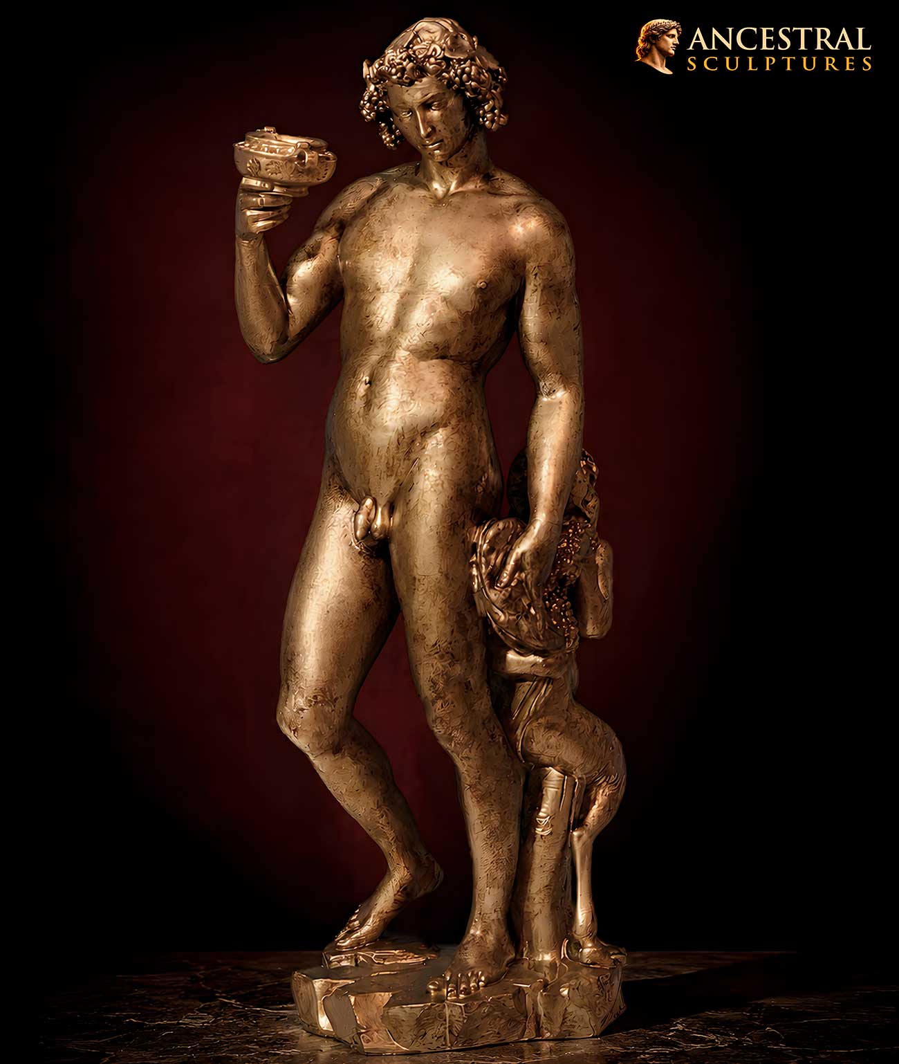 Michelangelo's Bacchus – Exact Replica, Old Gold Finish, High-Quality Resin Sculpture
