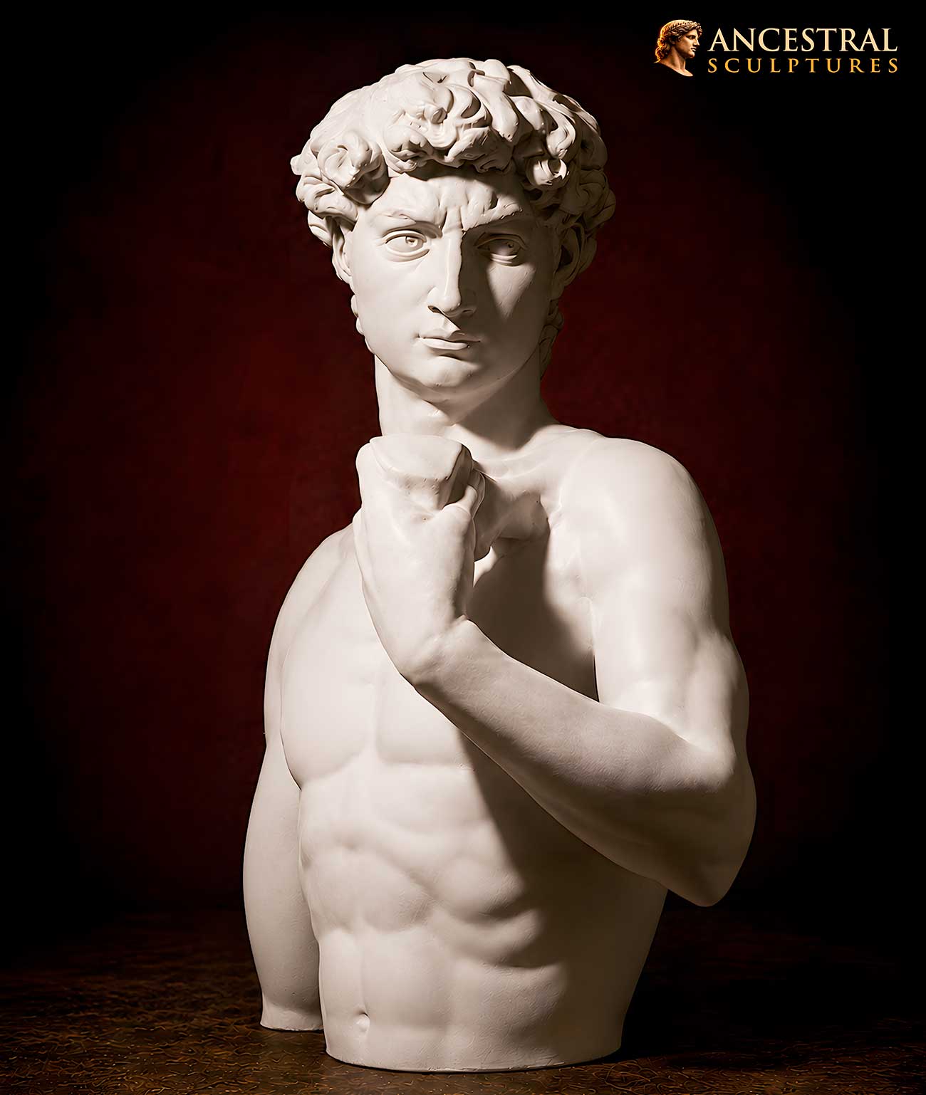 Michelangelo’s David bust half torso | Classical Renaissance sculpture in resin old marble finish | Handmade decorative art statue