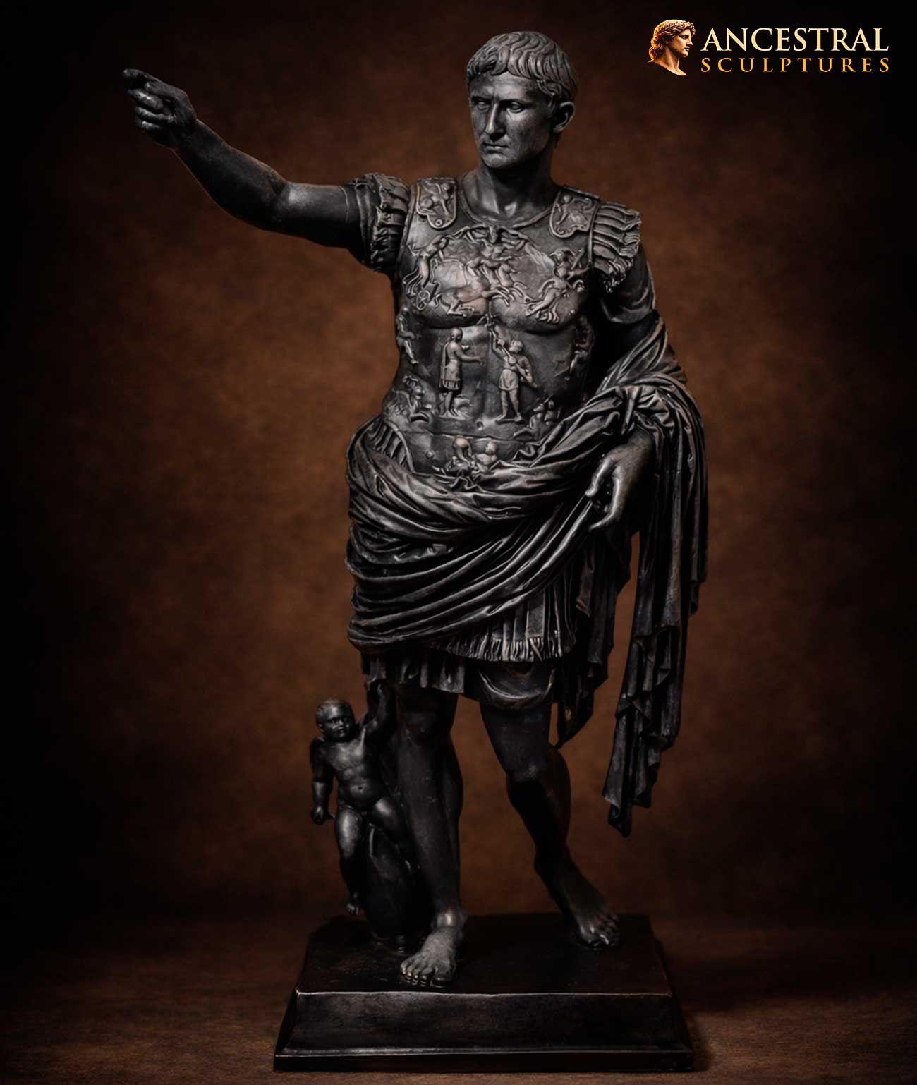 Augustus of Prima Porta Black Sculpture Roman Emperor Statue Dark Finish Classical Art Museum Resin Decor