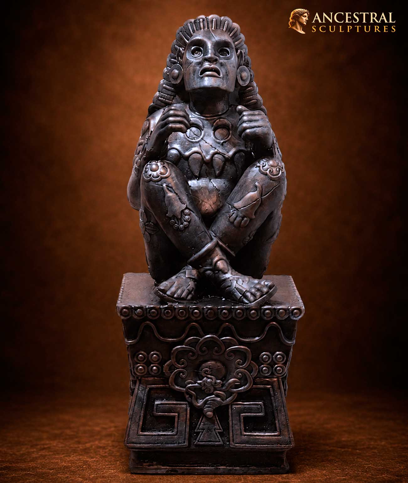 Xochipilli Aztec Statue – Ancient Azure Bronze Patina, Pre-Hispanic Mexica God of Art, Music & Flowers