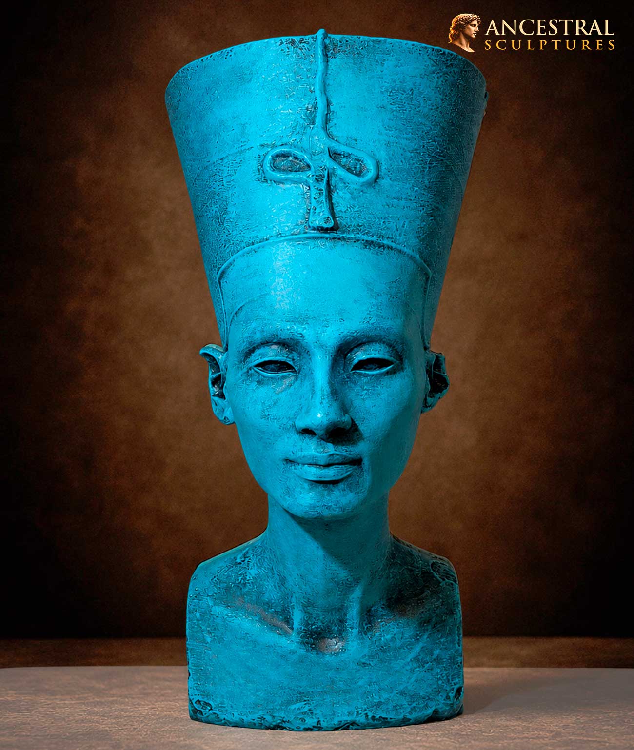 Nefertiti Bust in Egyptian Blue – Ancient Egyptian Faience Sculpture