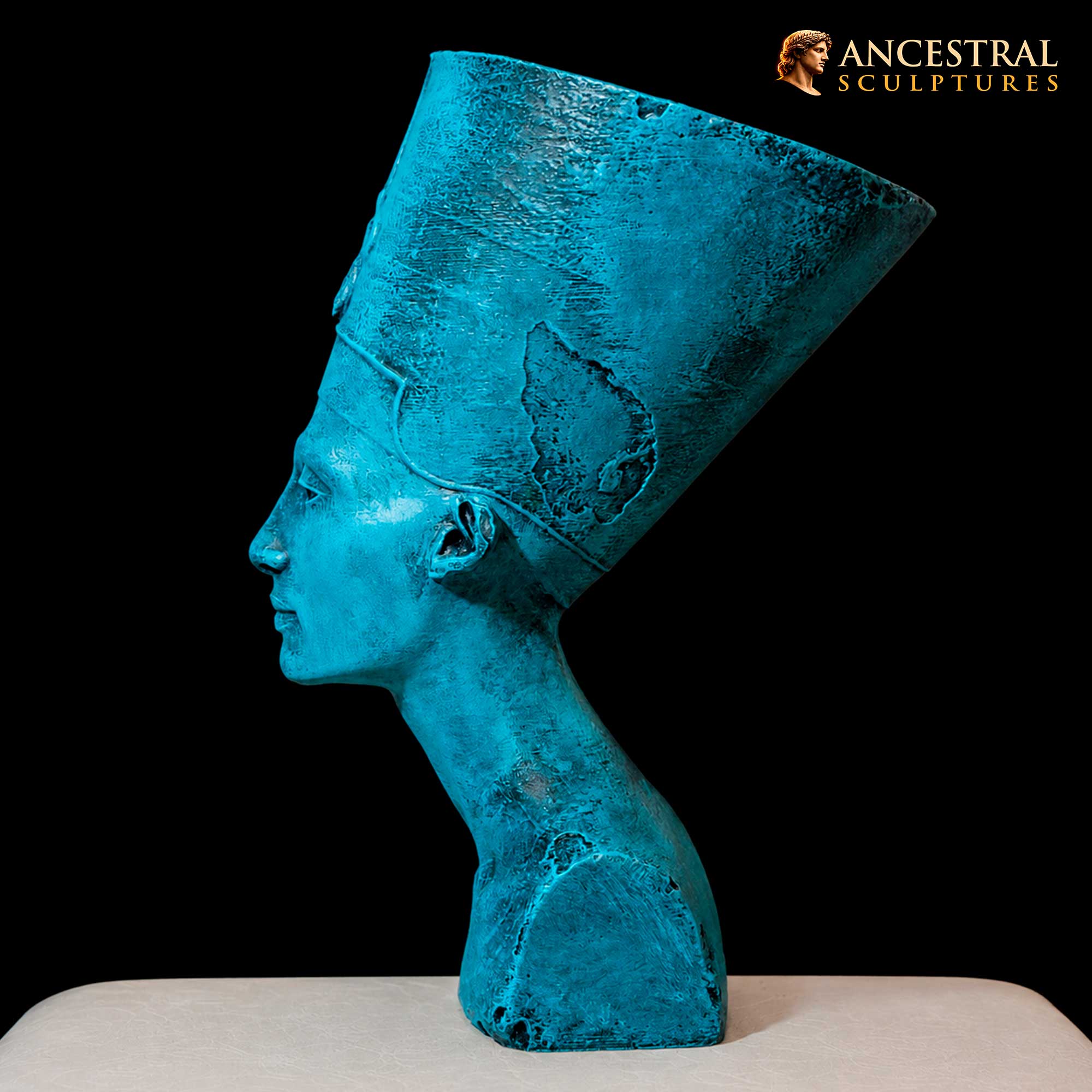 Nefertiti Bust in Egyptian Blue – Ancient Egyptian Faience Sculpture - Image 3