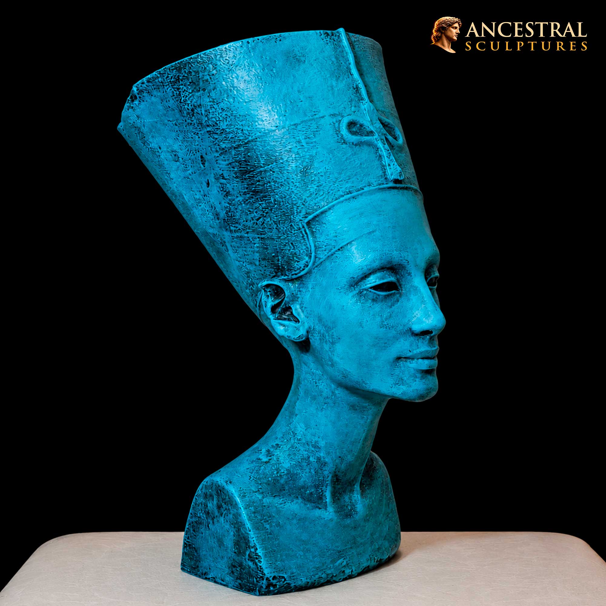 Nefertiti Bust in Egyptian Blue – Ancient Egyptian Faience Sculpture - Image 2